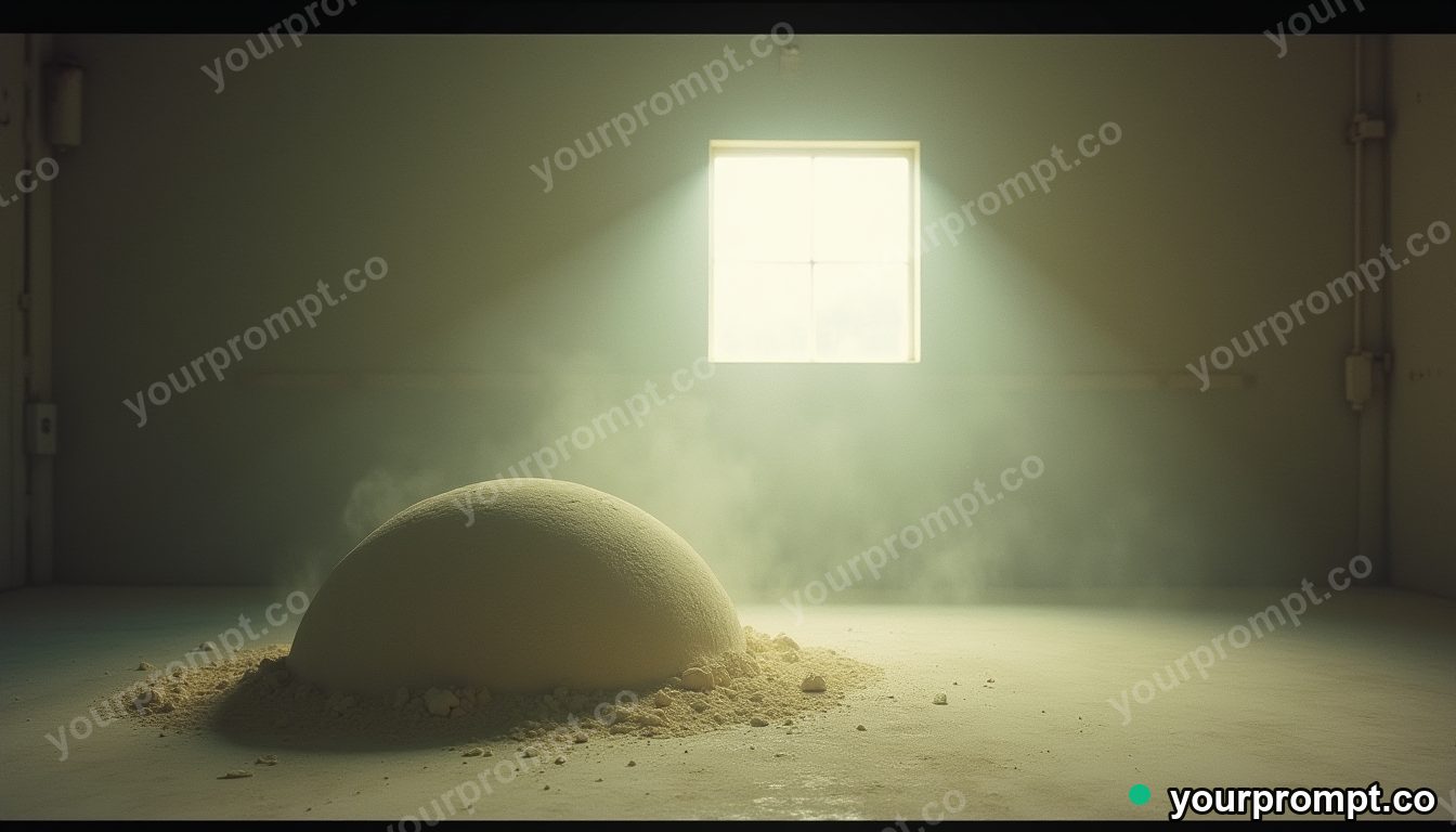 Chalk dust dome resting under a square patch of artificial sunlight inside a closed showroom · analog empty archive — AI-generated image