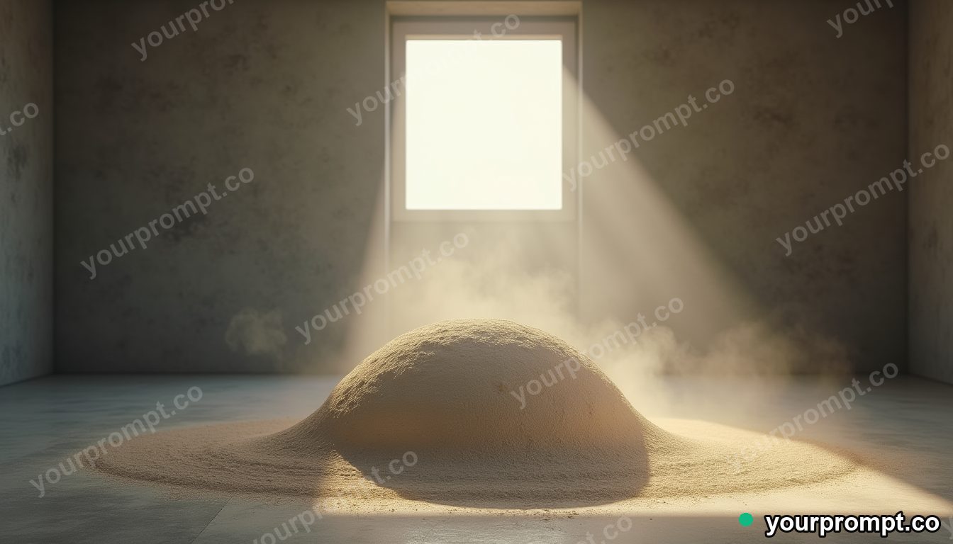 Chalk dust dome resting under a square patch of artificial sunlight inside a closed showroom · impossible physics surreal — AI-generated image