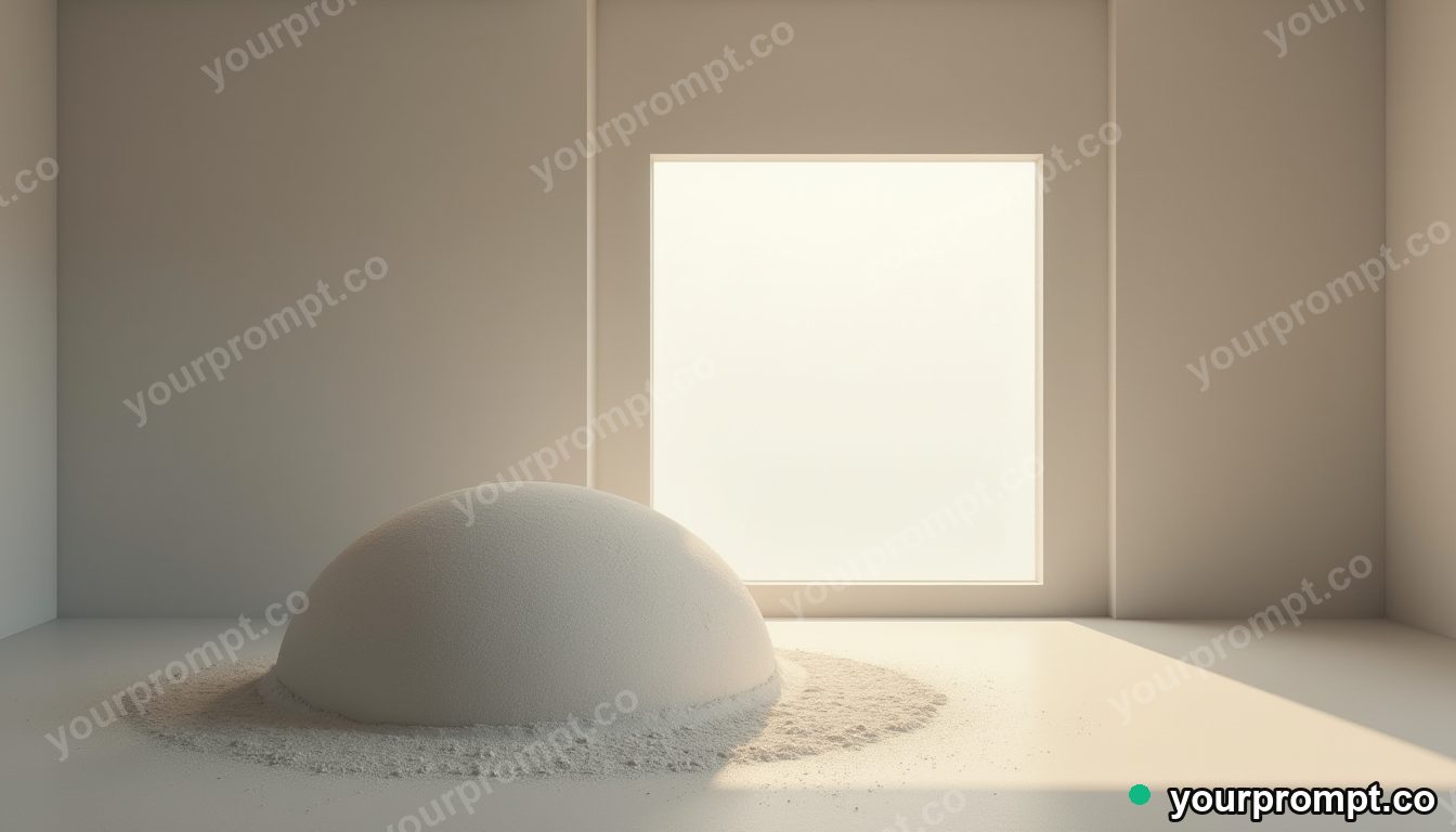 Chalk dust dome resting under a square patch of artificial sunlight inside a closed showroom · minimal graphic geometry — AI-generated image