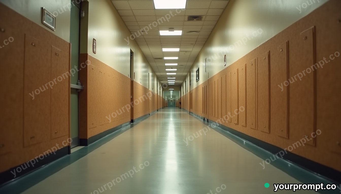 Cork hallway panel stretched into a long impossible perspective inside a quiet municipal hallway — 5 AI style variations of one prompt