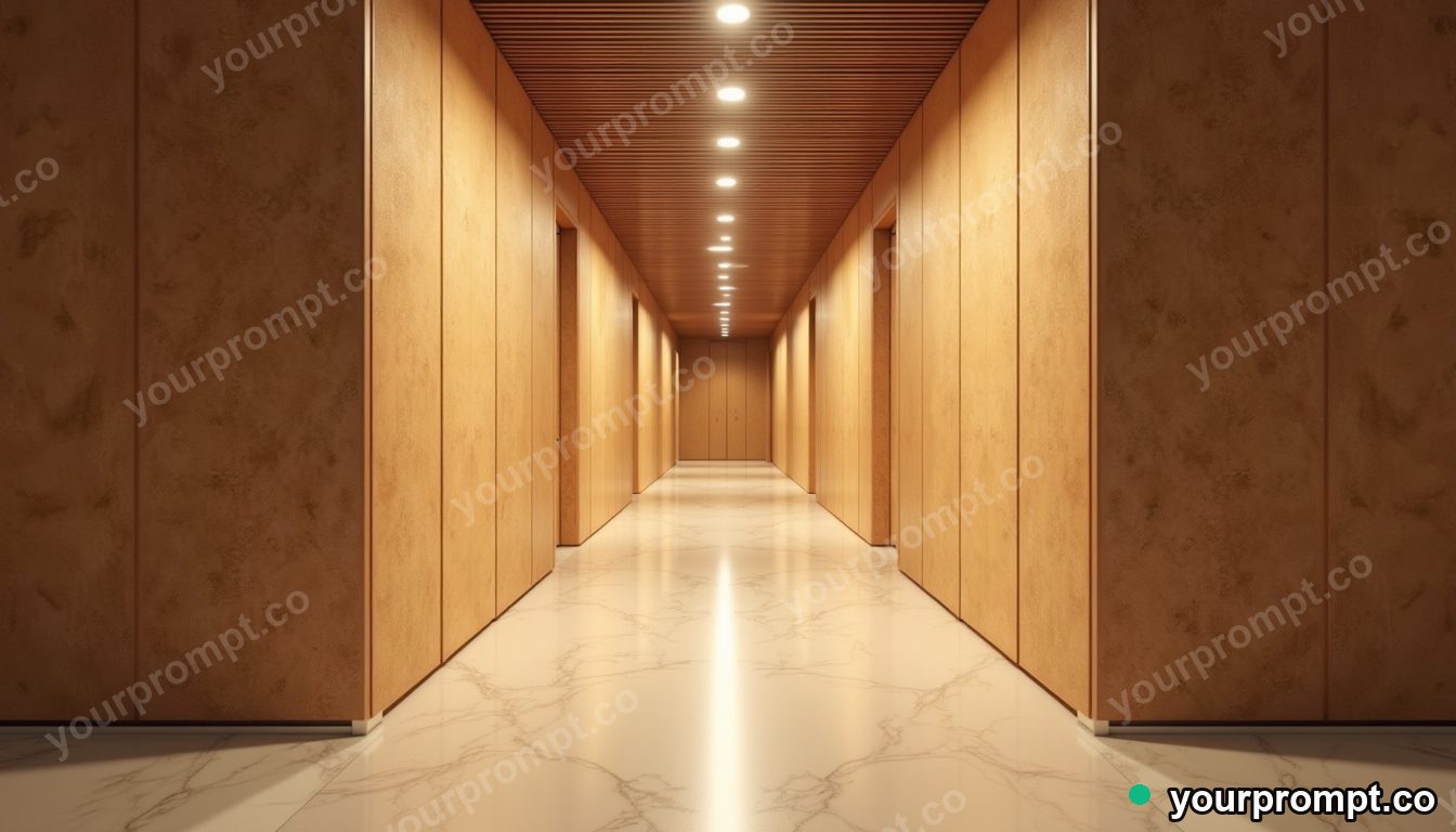 Cork hallway panel stretched into a long impossible perspective inside a quiet municipal hallway · premium material editorial — AI-generated image