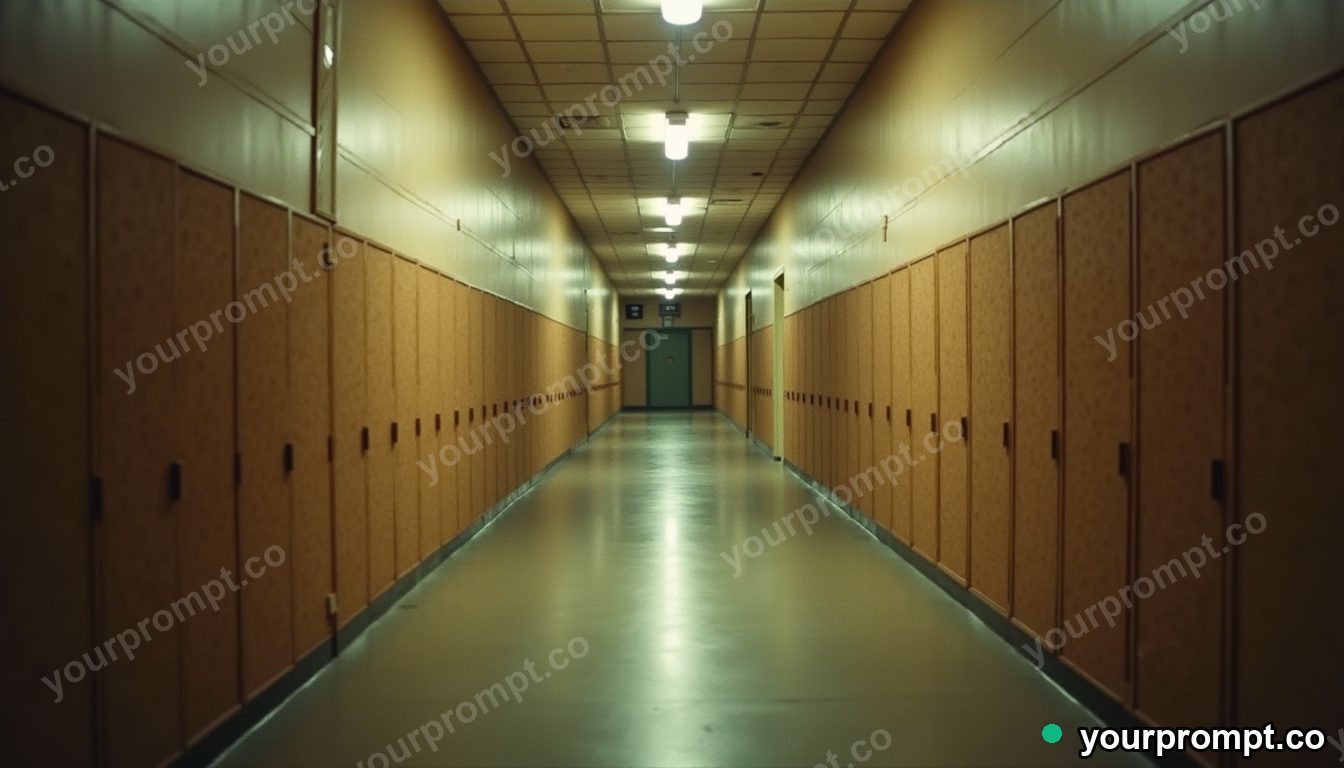 Cork hallway panel stretched into a long impossible perspective inside a quiet municipal hallway · analog empty archive — AI-generated image