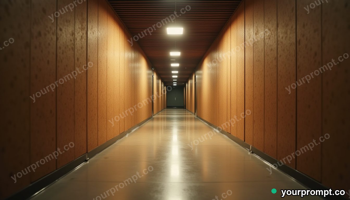 Cork hallway panel stretched into a long impossible perspective inside a quiet municipal hallway · impossible physics surreal — AI-generated image