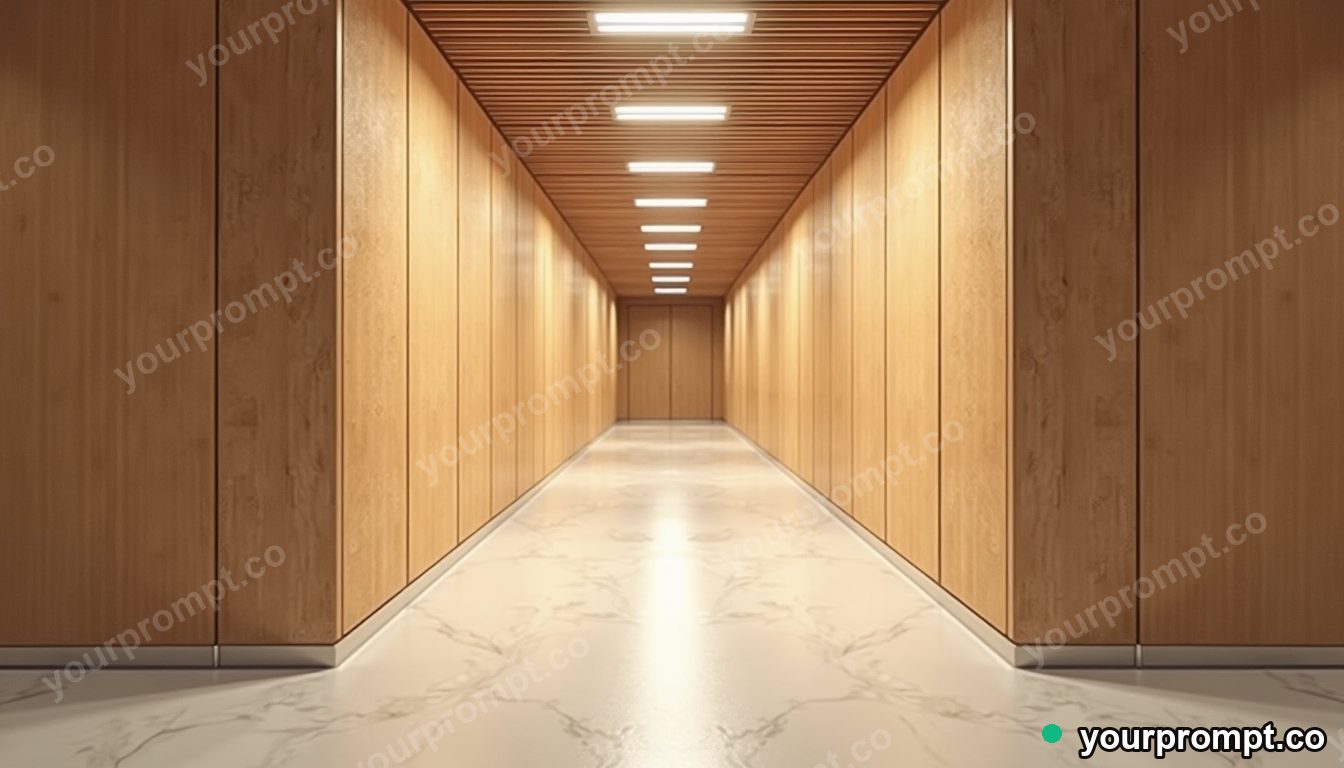Cork hallway panel stretched into a long impossible perspective inside a quiet municipal hallway · minimal graphic geometry — AI-generated image