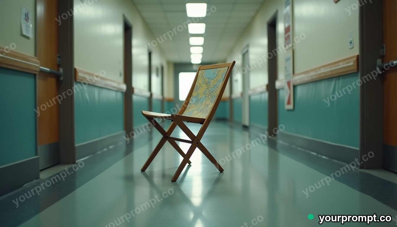 Folded map chair balanced on a single invisible point inside a quiet municipal hallway — 5 AI style variations of one prompt