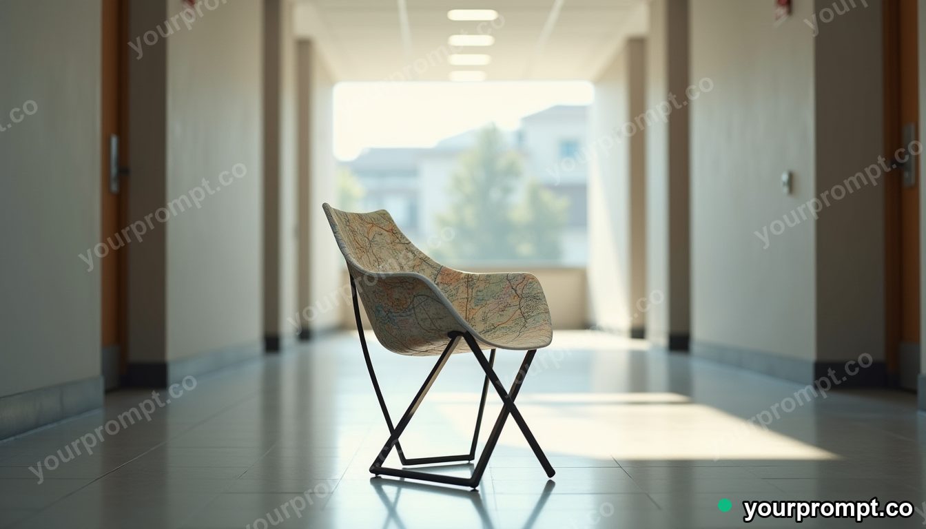 Folded map chair balanced on a single invisible point inside a quiet municipal hallway · premium material editorial — AI-generated image