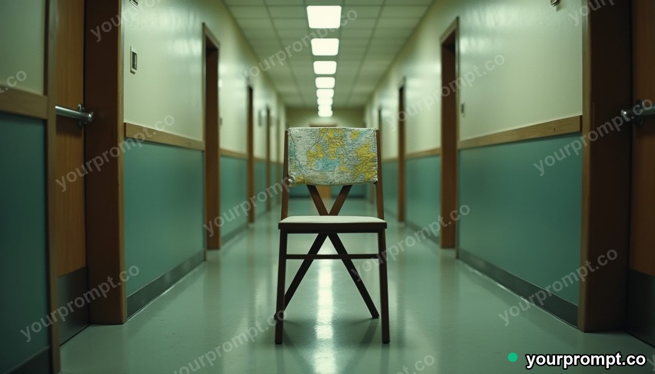 Folded map chair balanced on a single invisible point inside a quiet municipal hallway · analog empty archive — AI-generated image