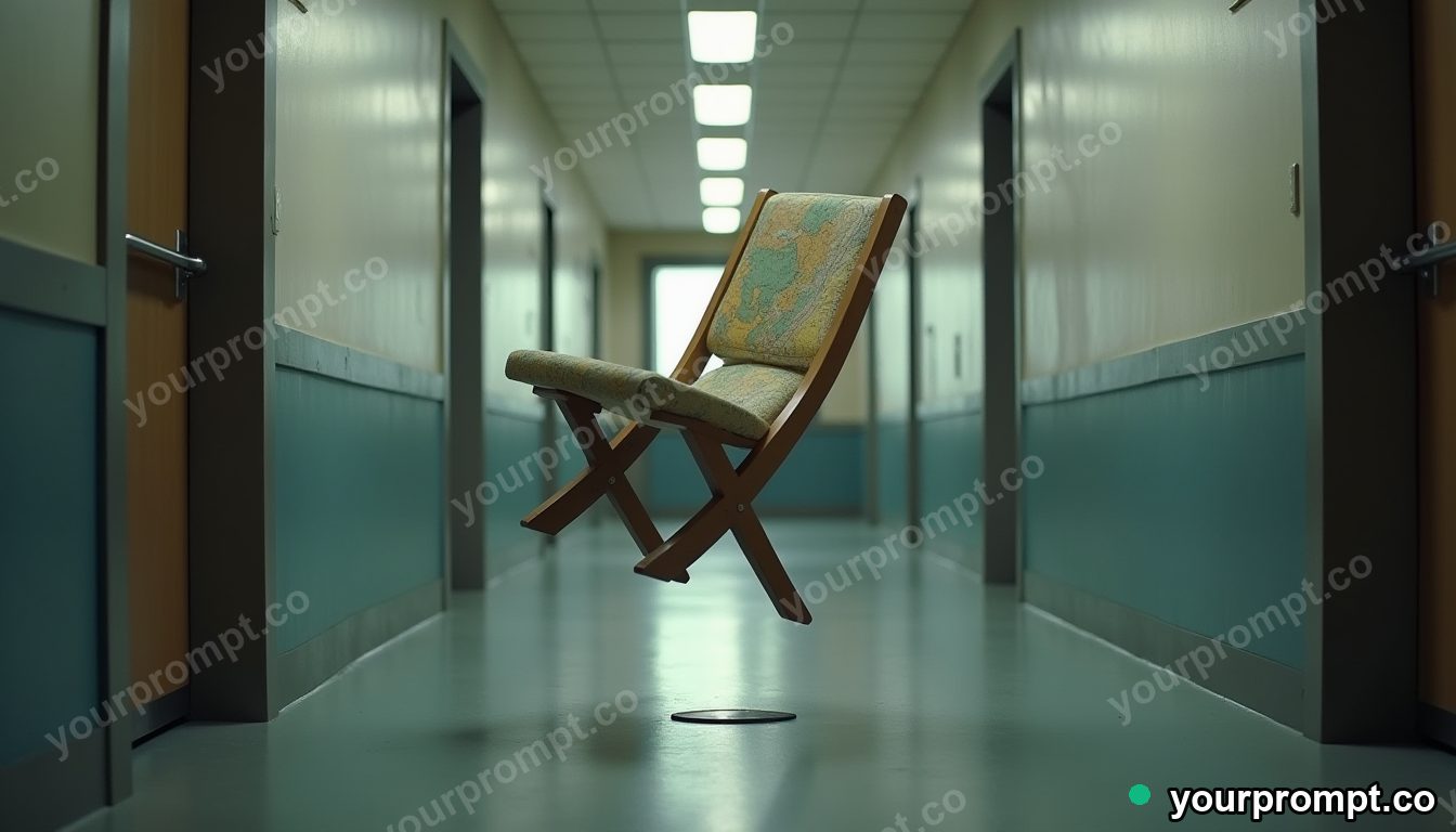 Folded map chair balanced on a single invisible point inside a quiet municipal hallway · impossible physics surreal — AI-generated image