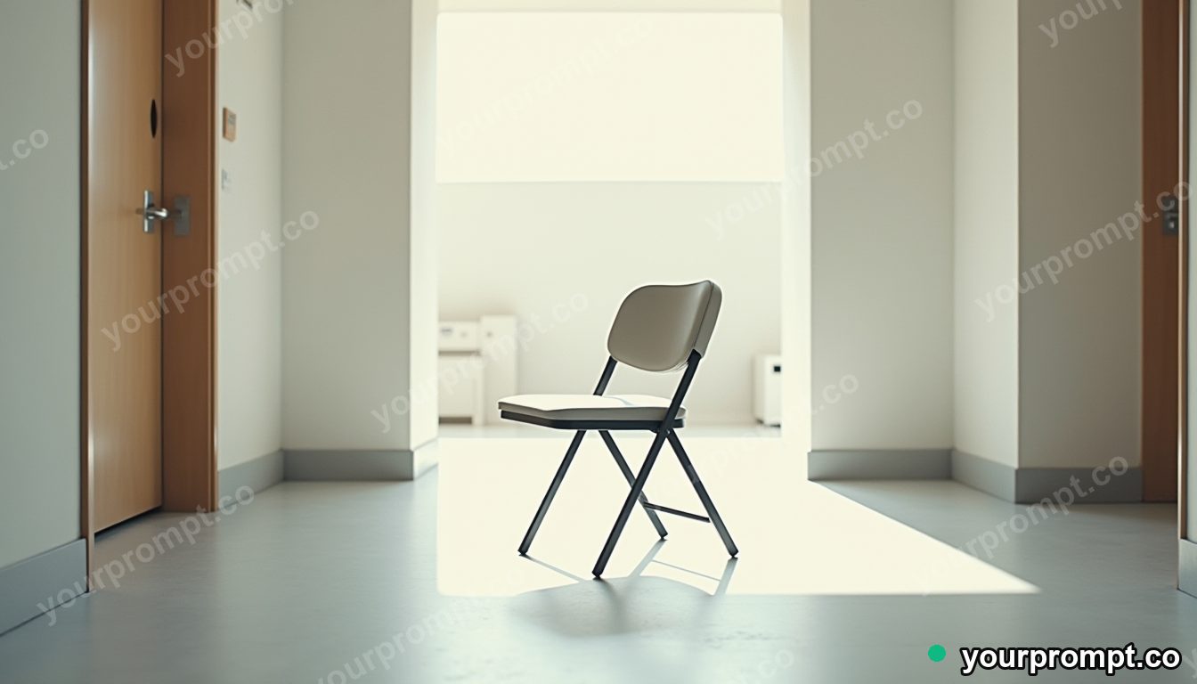 Folded map chair balanced on a single invisible point inside a quiet municipal hallway · minimal graphic geometry — AI-generated image