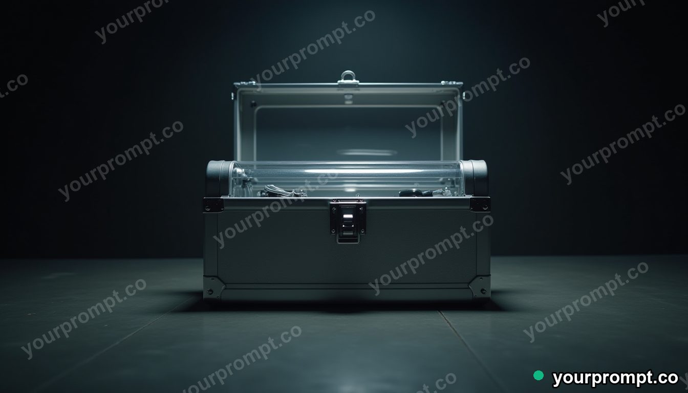 Silver toolbox split into transparent layers inside a dark storage room — 5 AI style variations of one prompt