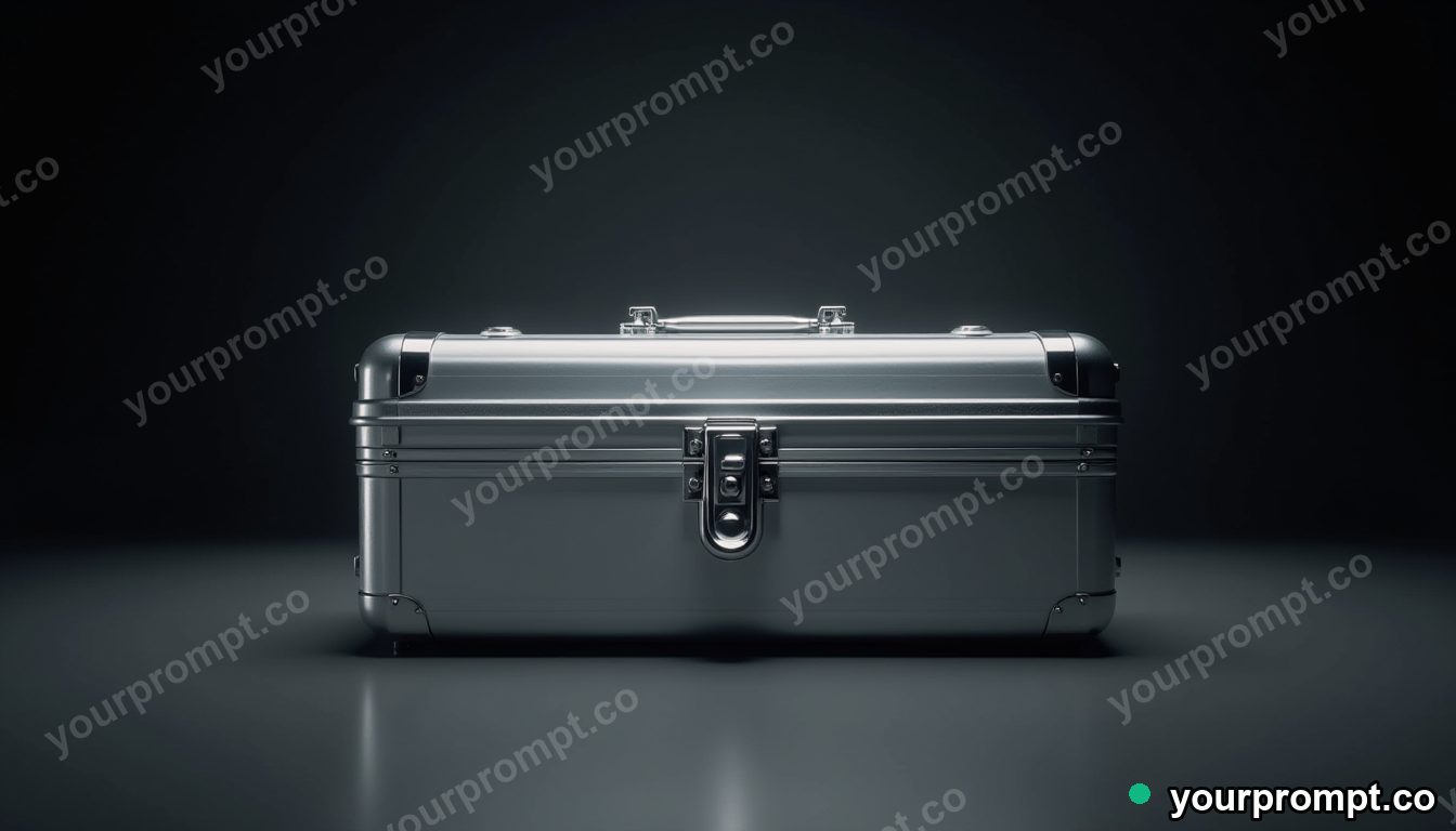Silver toolbox split into transparent layers inside a dark storage room · premium material editorial — AI-generated image