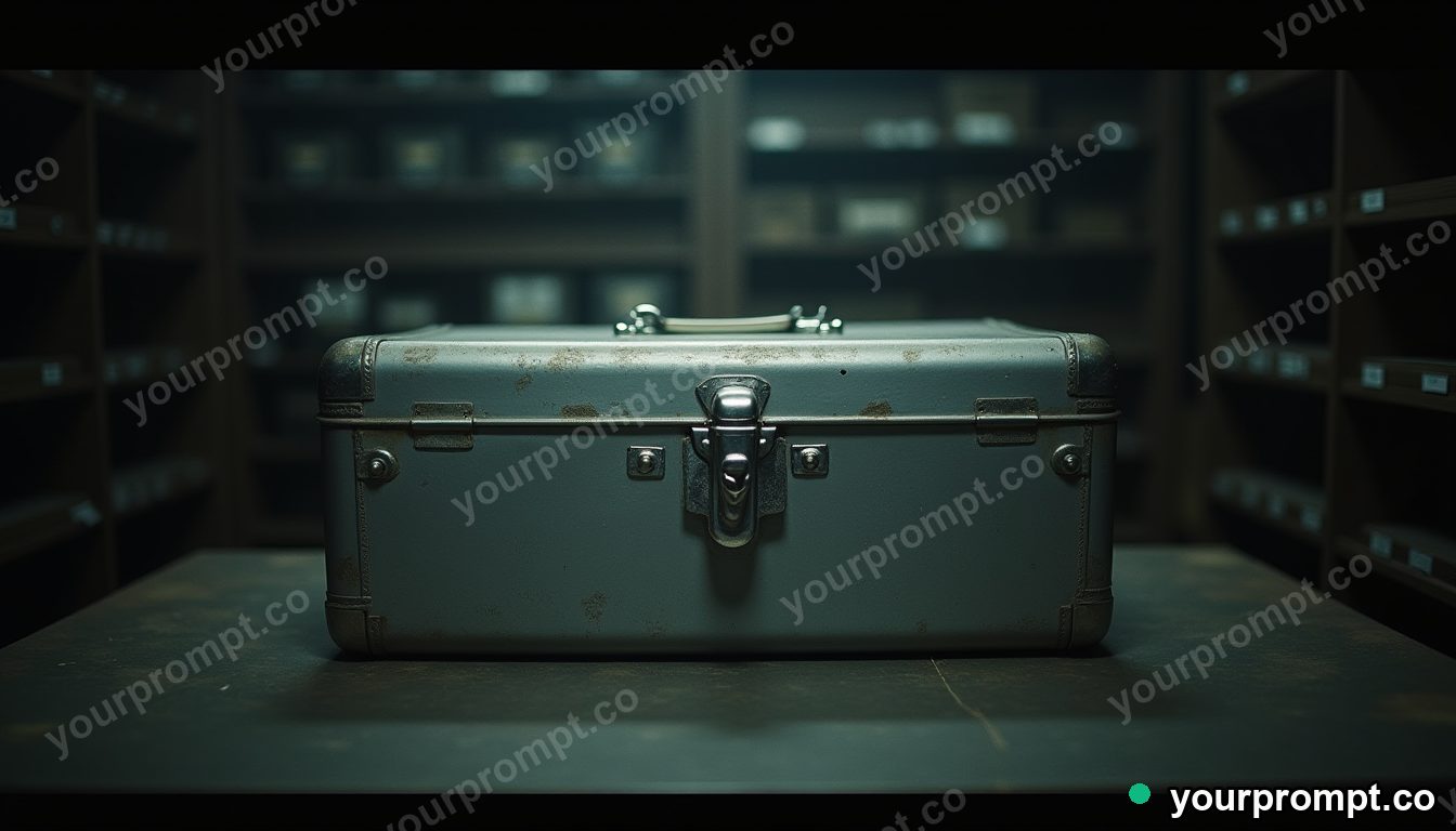 Silver toolbox split into transparent layers inside a dark storage room · analog empty archive — AI-generated image