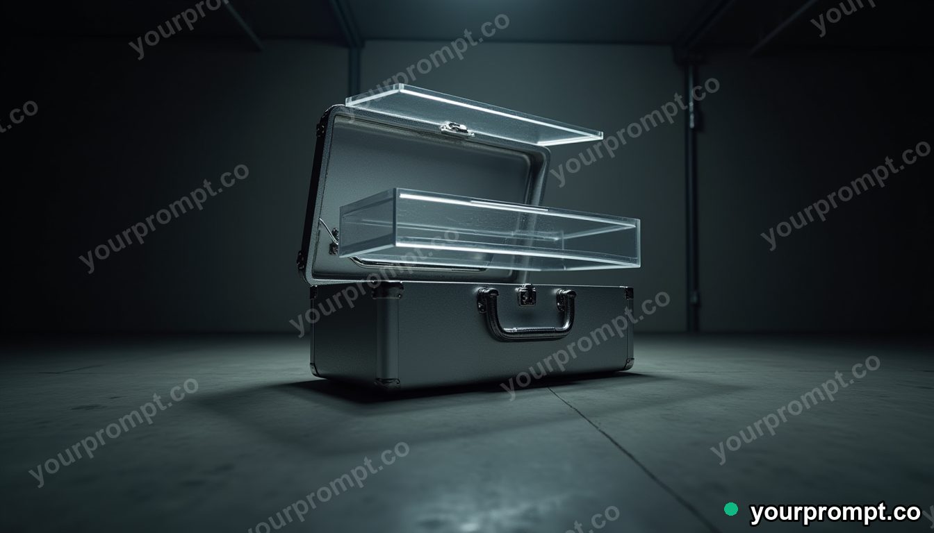 Silver toolbox split into transparent layers inside a dark storage room · impossible physics surreal — AI-generated image