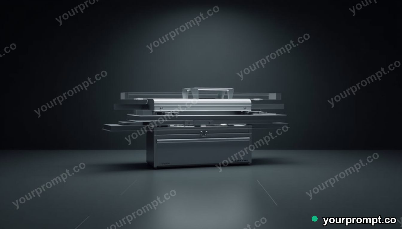 Silver toolbox split into transparent layers inside a dark storage room · minimal graphic geometry — AI-generated image