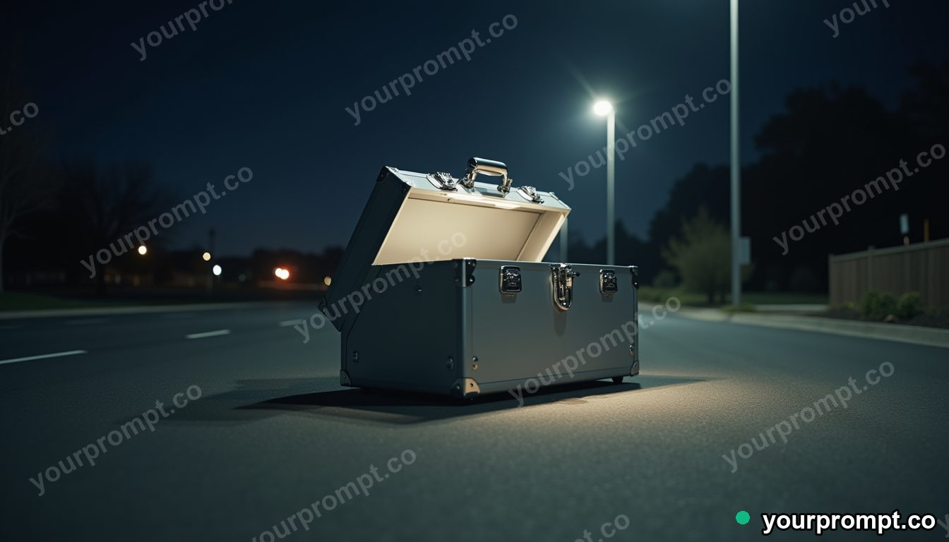 Silver toolbox cut open as a clean material cross-section under a single streetlight — 5 AI style variations of one prompt