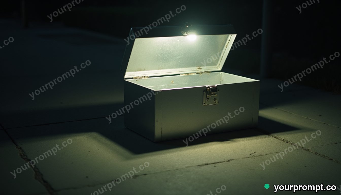Silver toolbox cut open as a clean material cross-section under a single streetlight · analog empty archive — AI-generated image
