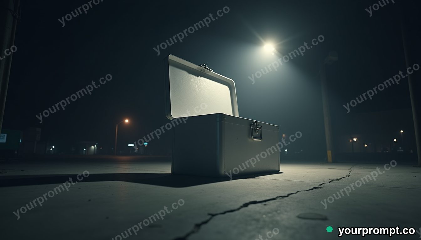 Silver toolbox cut open as a clean material cross-section under a single streetlight · impossible physics surreal — AI-generated image