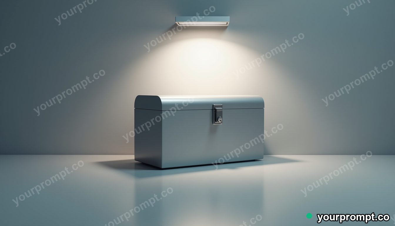 Silver toolbox cut open as a clean material cross-section under a single streetlight · minimal graphic geometry — AI-generated image