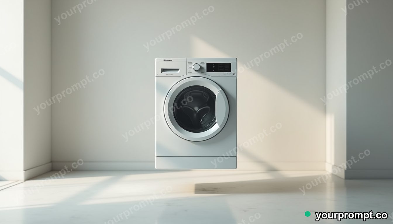 Quartz washing machine balanced on a single invisible point inside a minimalist apartment room — 5 AI style variations of one prompt