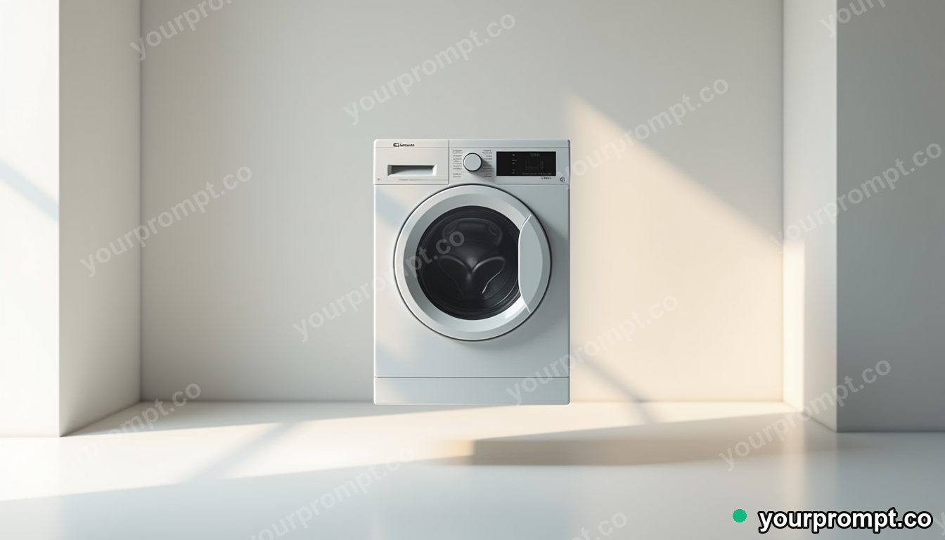 Quartz washing machine balanced on a single invisible point inside a minimalist apartment room · premium material editorial — AI-generated image