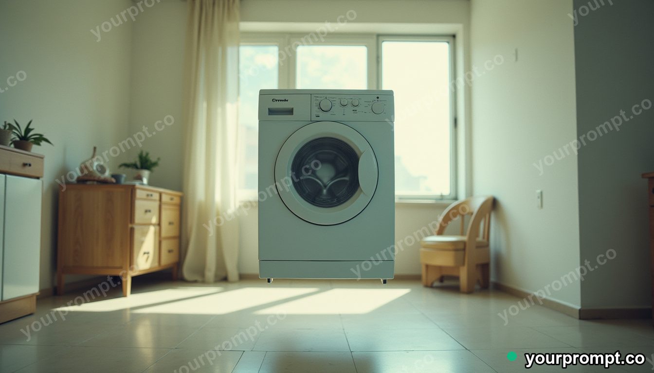 Quartz washing machine balanced on a single invisible point inside a minimalist apartment room · analog empty archive — AI-generated image