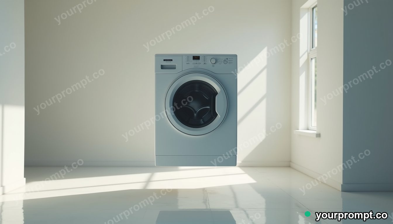 Quartz washing machine balanced on a single invisible point inside a minimalist apartment room · impossible physics surreal — AI-generated image