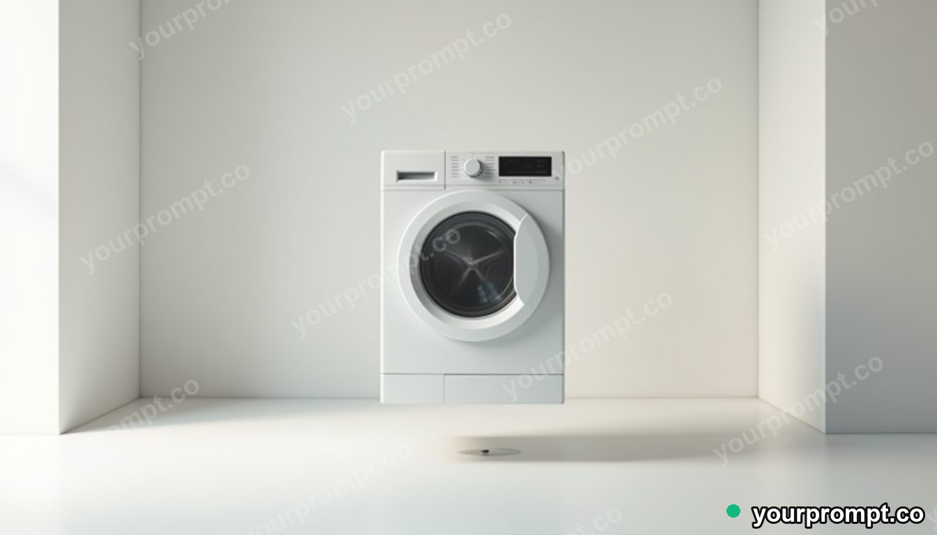 Quartz washing machine balanced on a single invisible point inside a minimalist apartment room · minimal graphic geometry — AI-generated image