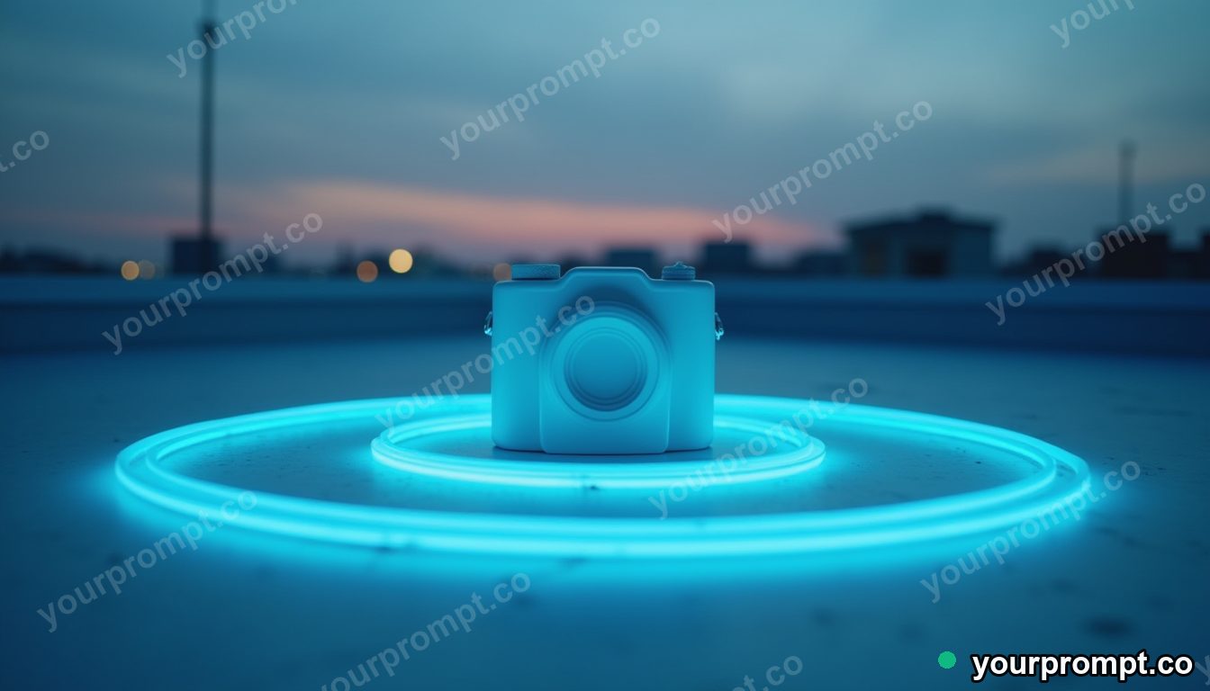Porcelain camera shell surrounded by thin rings of blue light on a silent rooftop at dawn — 5 AI style variations of one prompt