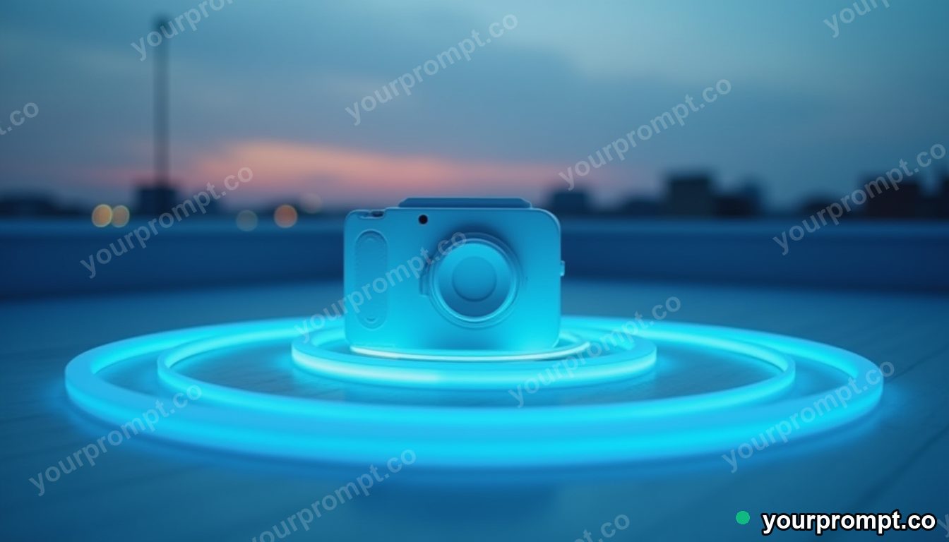 Porcelain camera shell surrounded by thin rings of blue light on a silent rooftop at dawn · premium material editorial — AI-generated image