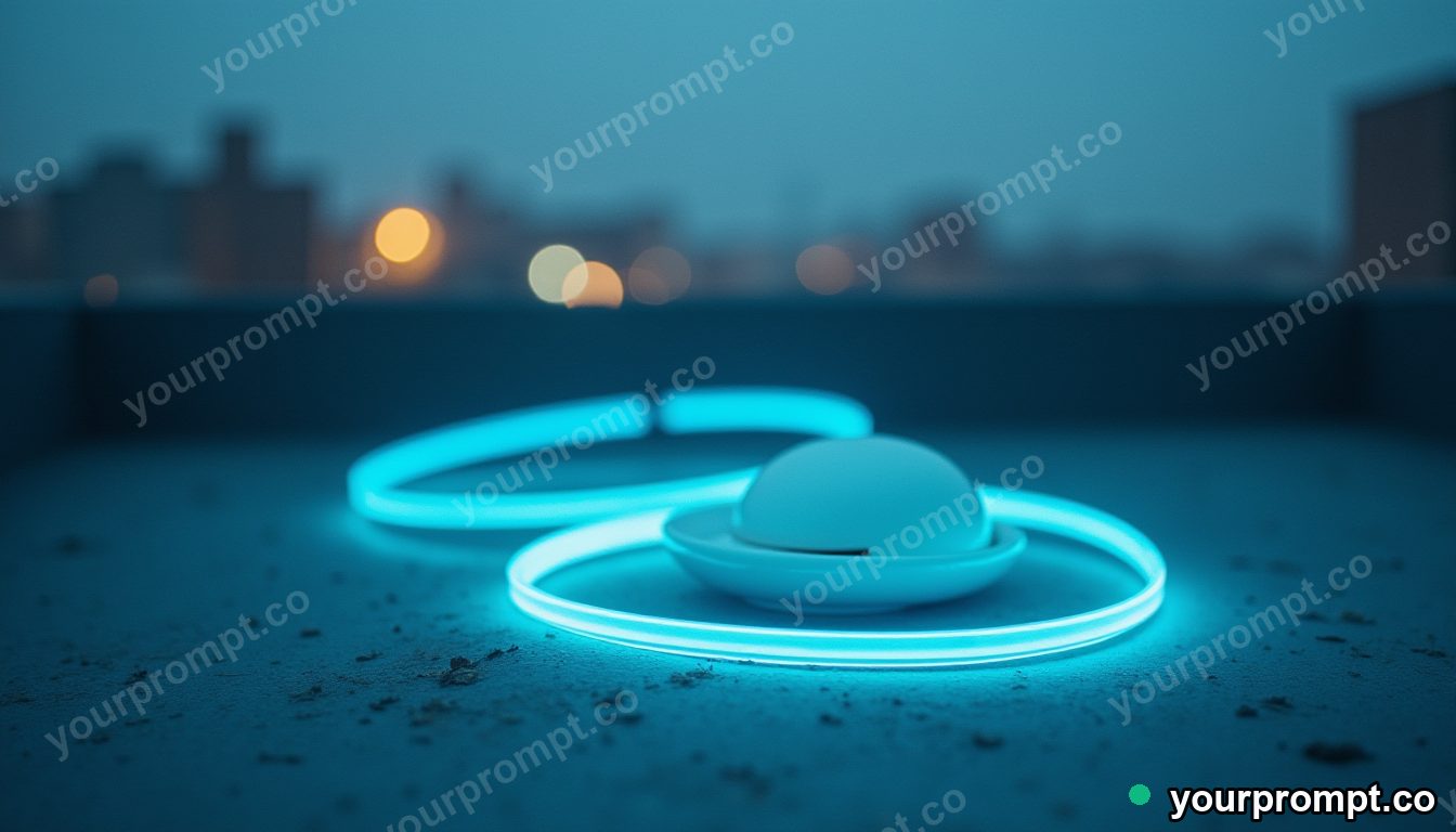Porcelain camera shell surrounded by thin rings of blue light on a silent rooftop at dawn · analog empty archive — AI-generated image