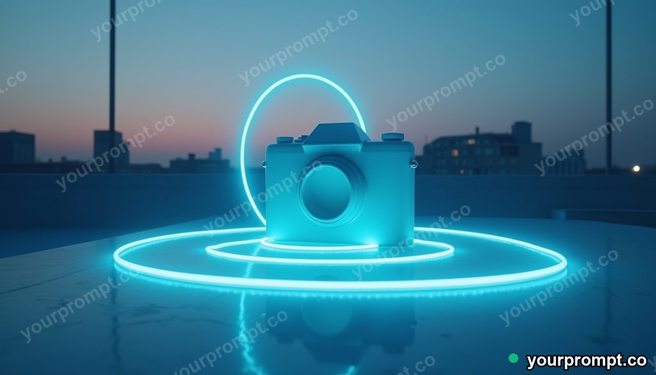 Porcelain camera shell surrounded by thin rings of blue light on a silent rooftop at dawn · impossible physics surreal — AI-generated image