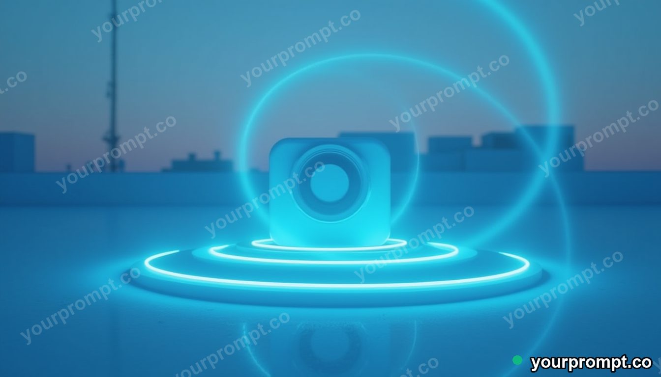 Porcelain camera shell surrounded by thin rings of blue light on a silent rooftop at dawn · minimal graphic geometry — AI-generated image