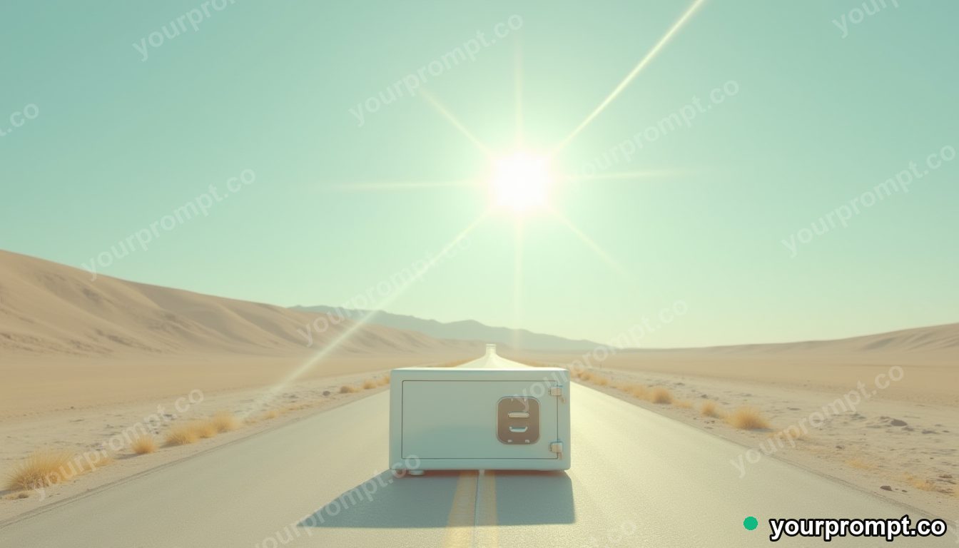 Transparent safe resting under a square patch of artificial sunlight on a pale desert road — 5 AI style variations of one prompt