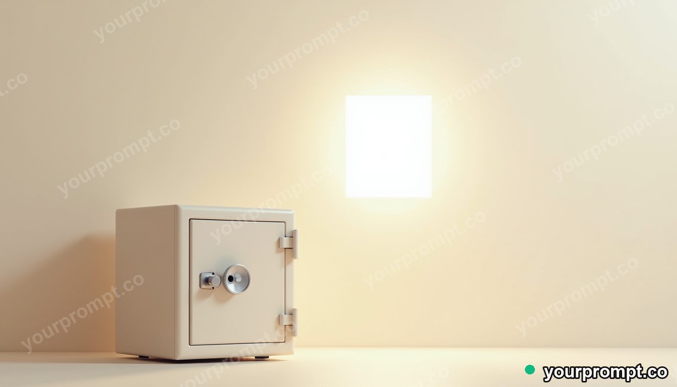Transparent safe resting under a square patch of artificial sunlight on a pale desert road · premium material editorial — AI-generated image