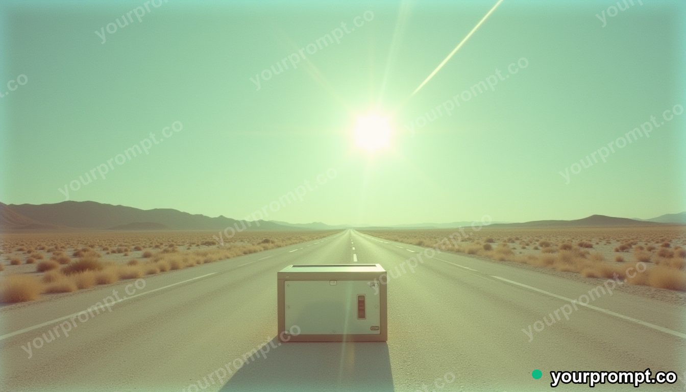 Transparent safe resting under a square patch of artificial sunlight on a pale desert road · analog empty archive — AI-generated image