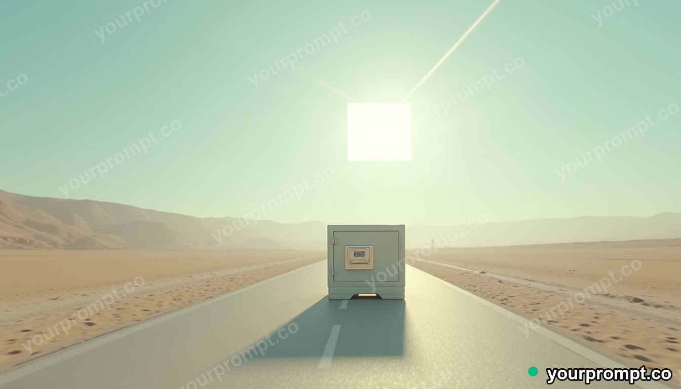 Transparent safe resting under a square patch of artificial sunlight on a pale desert road · impossible physics surreal — AI-generated image