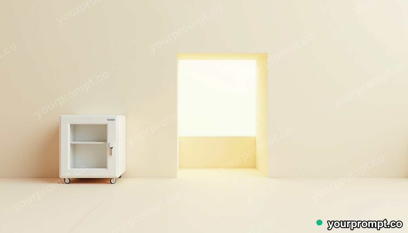 Transparent safe resting under a square patch of artificial sunlight on a pale desert road · minimal graphic geometry — AI-generated image