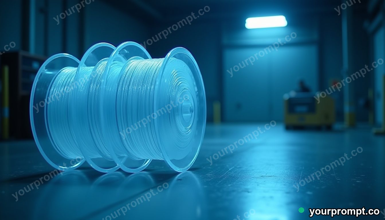 Transparent cable spool divided into exact modular pieces on a blue-lit loading dock — 5 AI style variations of one prompt