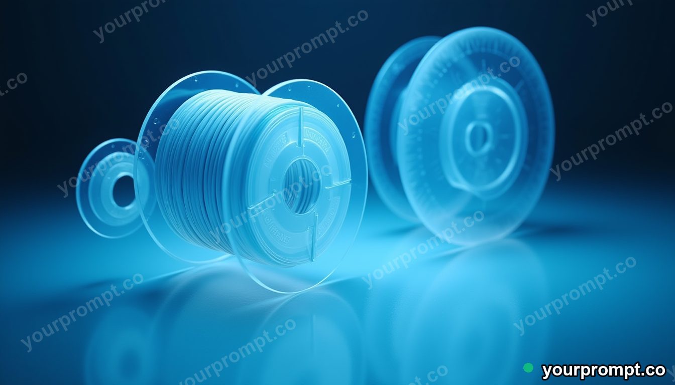 Transparent cable spool divided into exact modular pieces on a blue-lit loading dock · premium material editorial — AI-generated image