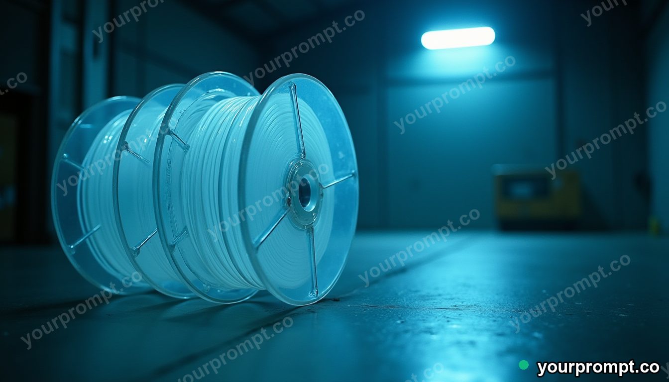 Transparent cable spool divided into exact modular pieces on a blue-lit loading dock · analog empty archive — AI-generated image