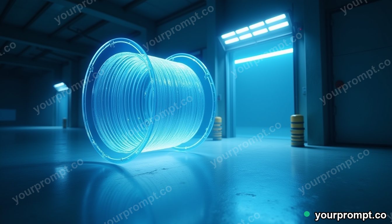 Transparent cable spool divided into exact modular pieces on a blue-lit loading dock · impossible physics surreal — AI-generated image