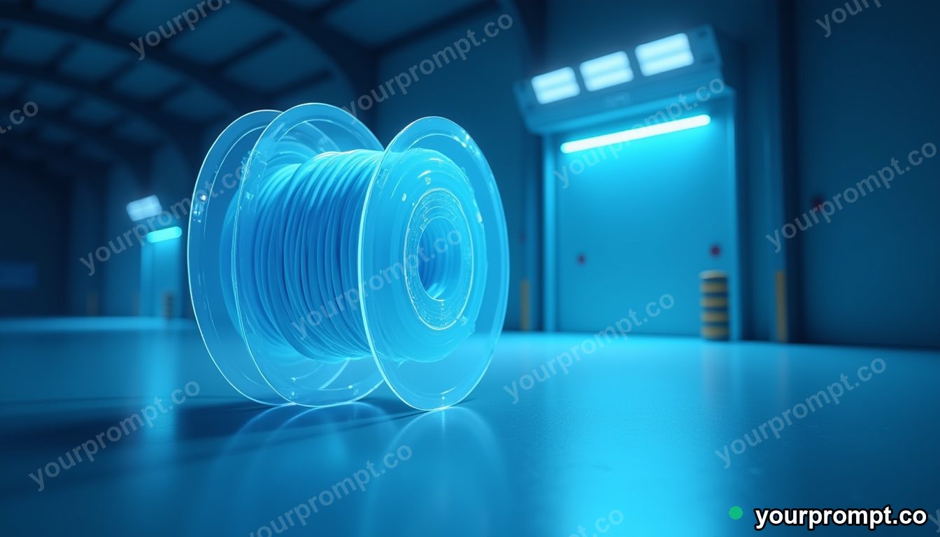 Transparent cable spool divided into exact modular pieces on a blue-lit loading dock · minimal graphic geometry — AI-generated image