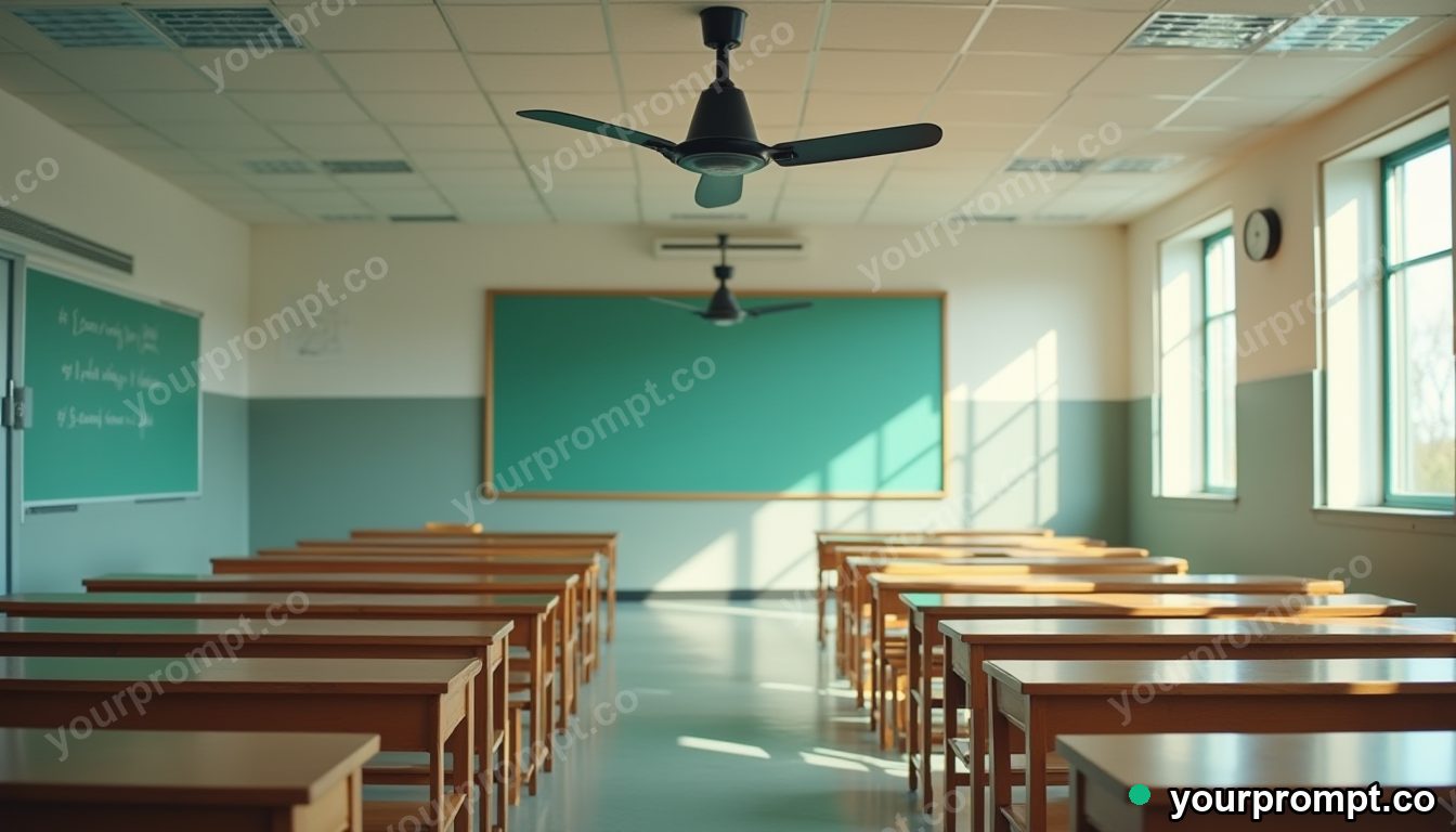 Vinyl ceiling fan stretched into a long impossible perspective inside an empty classroom — 5 AI style variations of one prompt
