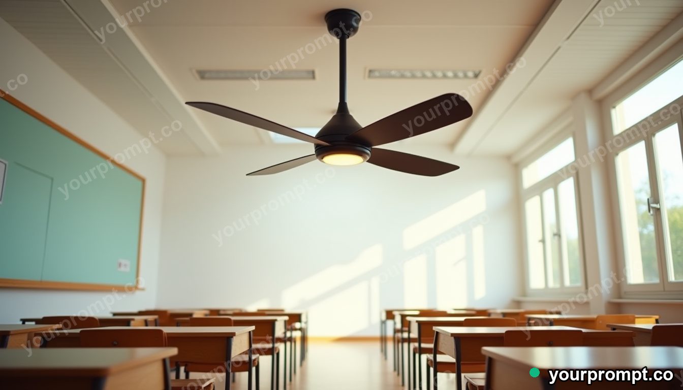 Vinyl ceiling fan stretched into a long impossible perspective inside an empty classroom · premium material editorial — AI-generated image