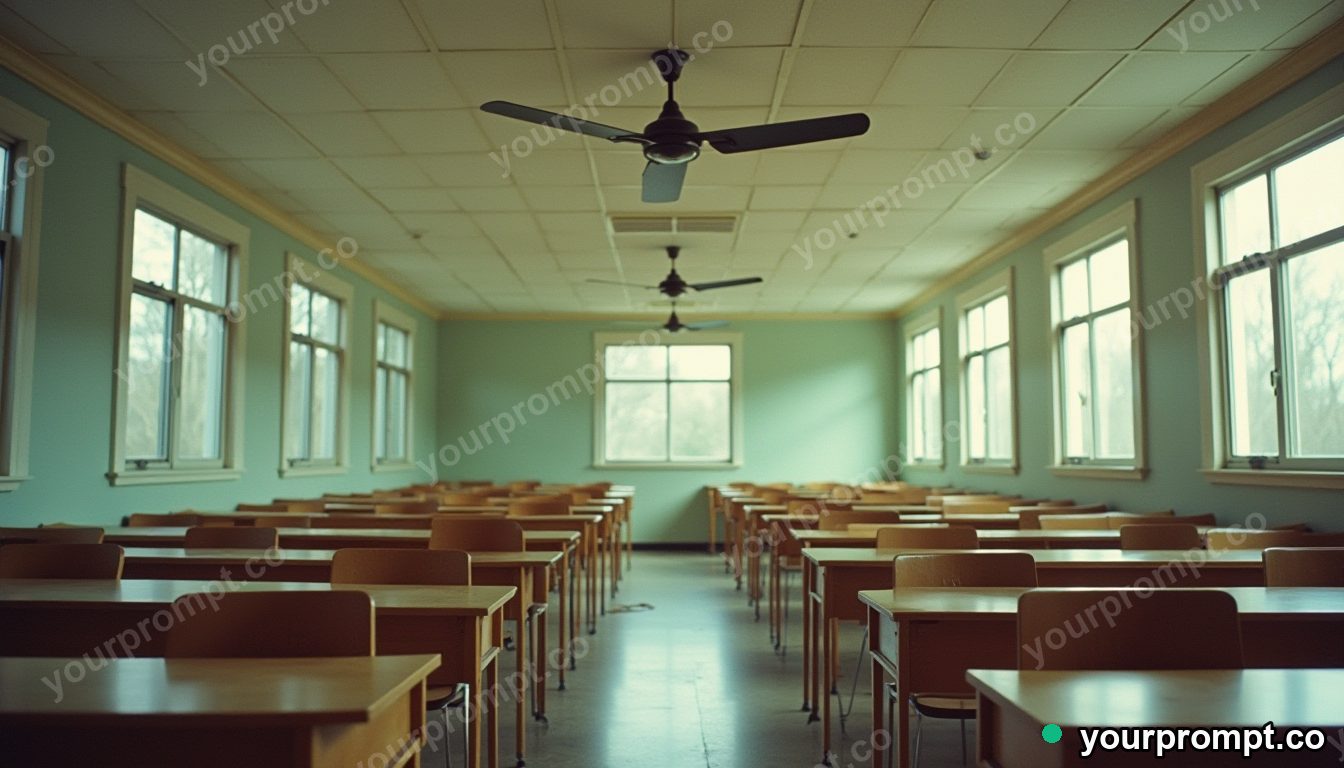 Vinyl ceiling fan stretched into a long impossible perspective inside an empty classroom · analog empty archive — AI-generated image