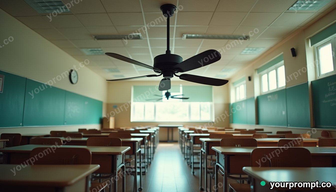 Vinyl ceiling fan stretched into a long impossible perspective inside an empty classroom · impossible physics surreal — AI-generated image