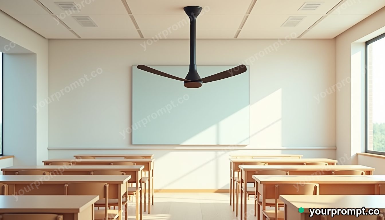 Vinyl ceiling fan stretched into a long impossible perspective inside an empty classroom · minimal graphic geometry — AI-generated image