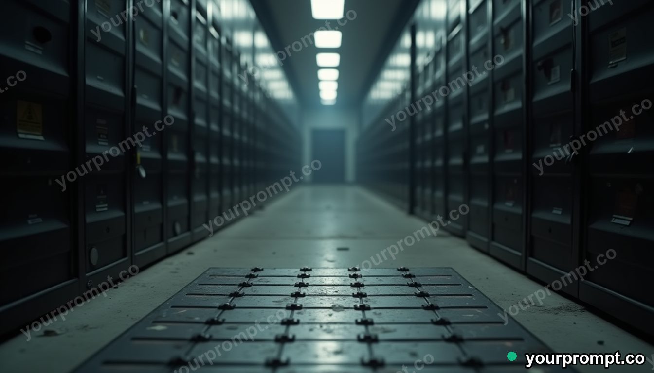 Titanium doormat surrounded by floating black squares inside a dust-covered archive — 5 AI style variations of one prompt