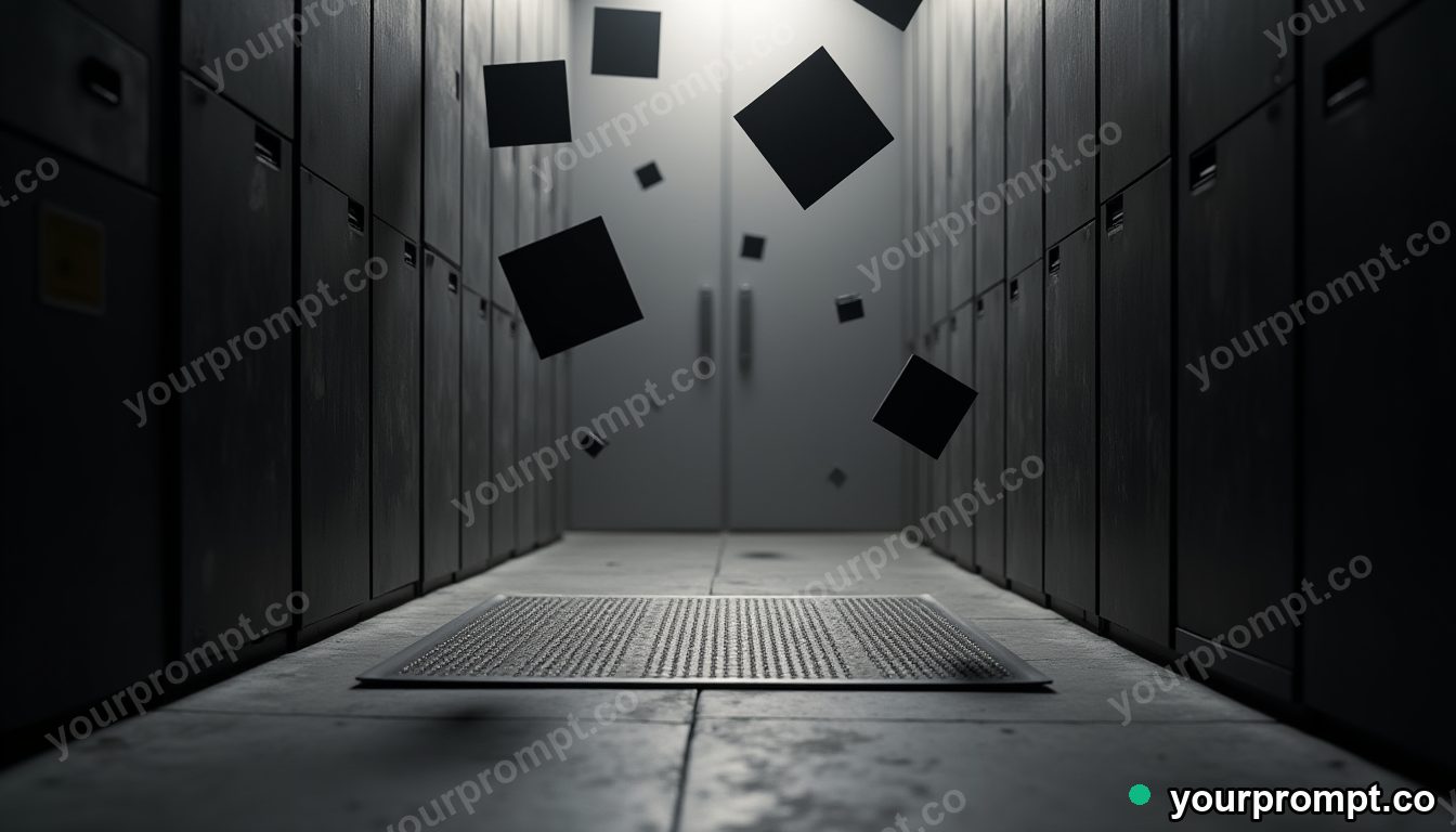 Titanium doormat surrounded by floating black squares inside a dust-covered archive · premium material editorial — AI-generated image