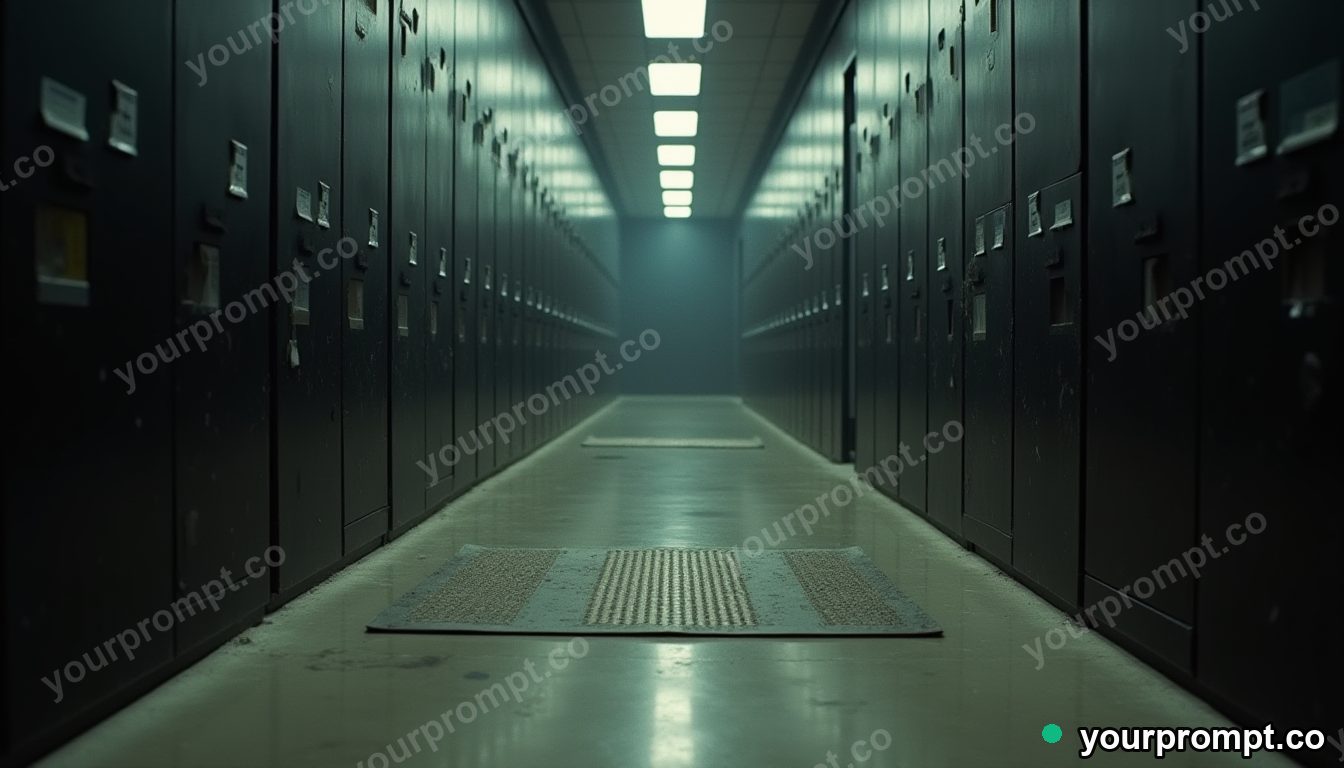 Titanium doormat surrounded by floating black squares inside a dust-covered archive · analog empty archive — AI-generated image